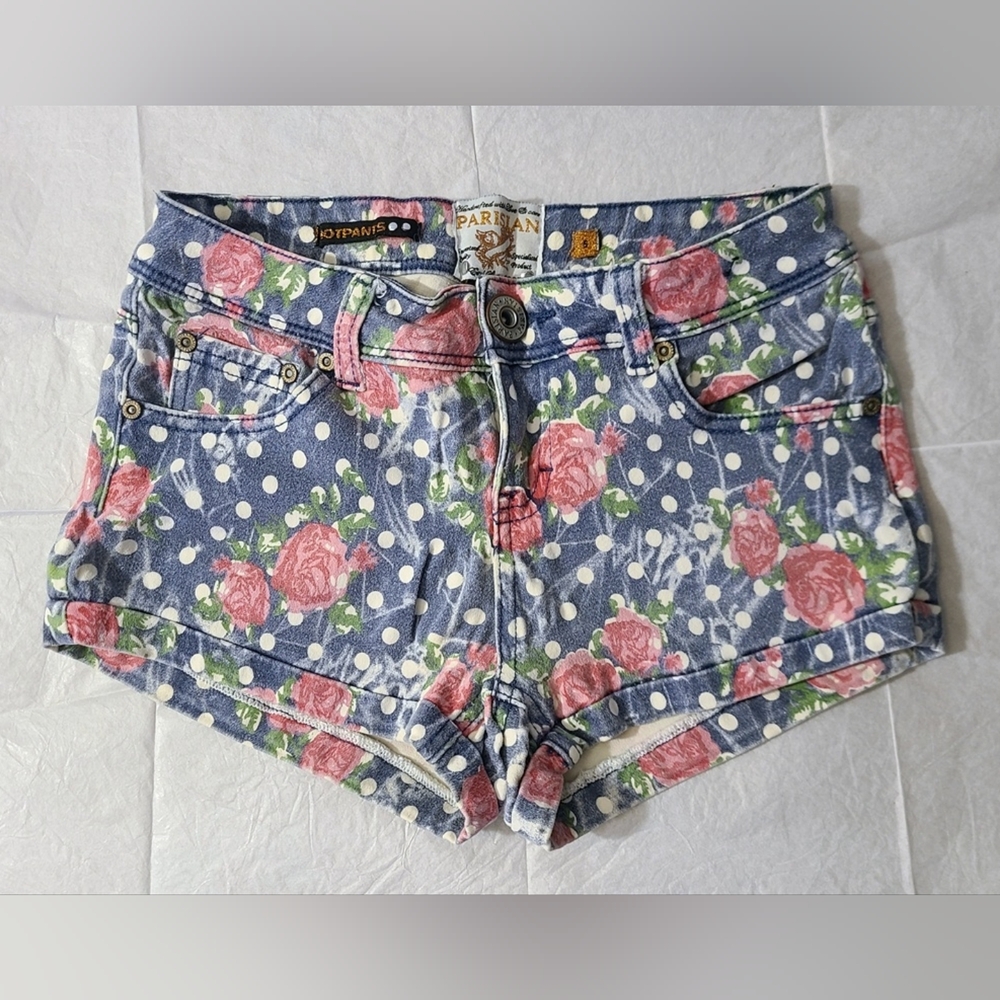 Parisian - (Size S) Blue Pink White Polka Dot Floral Rose Women's Shorts